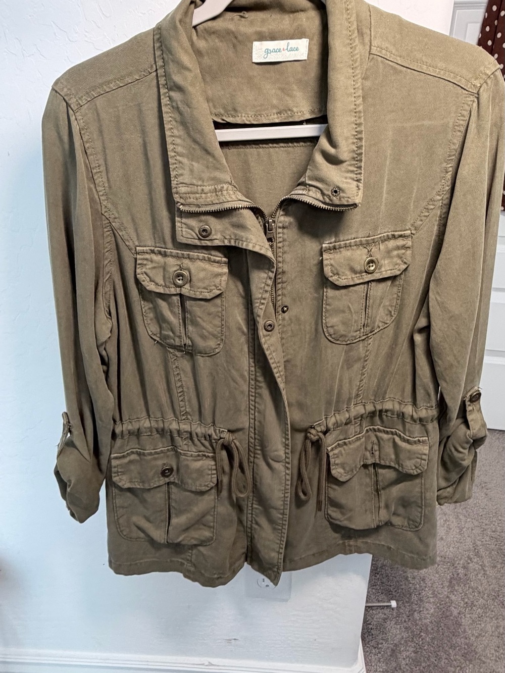 Grace & Lace Olive Green Utility Jacket with Drawstring Waist